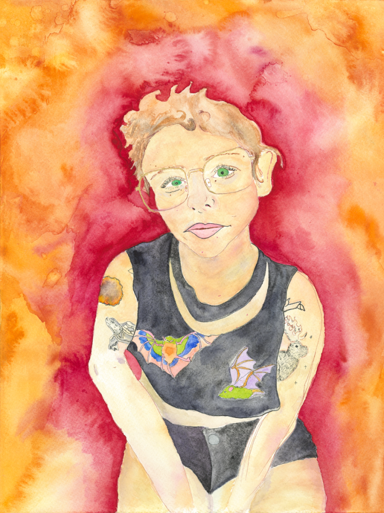 self portrait of the artist painted watercolor. a nonbinary person with pale skin and reddish hair, tattoos, a bat shirt